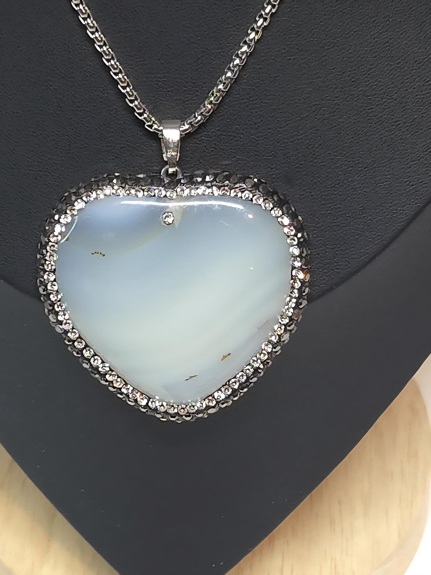 Opal Heart Pendant Necklace, Silver Chain, Crystal Accents