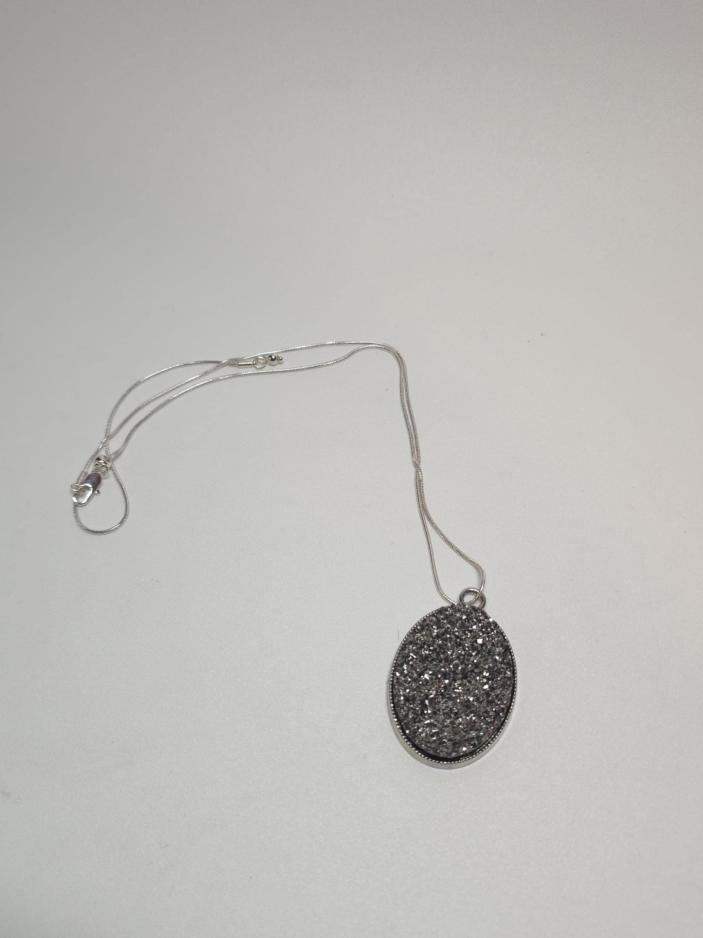 Silver Druzy Pendant Necklace, Oval Glitter Stone, Modern Glam
