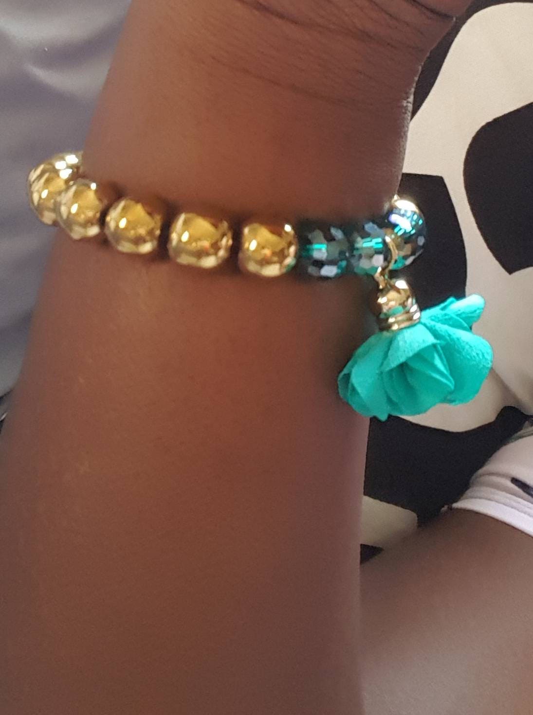 Gold Beaded Bracelet with Teal Flower | Statement Stretch Bracelet