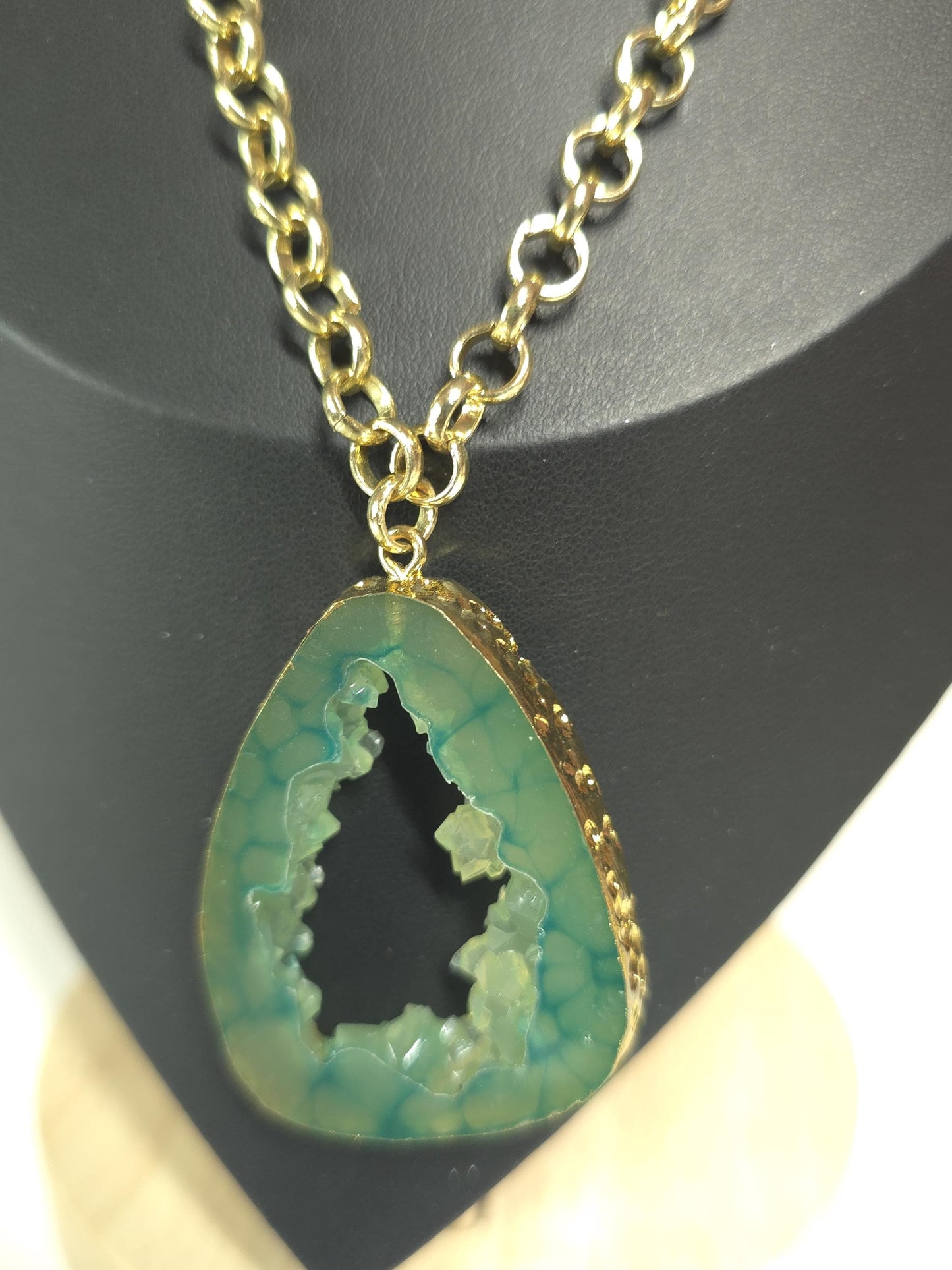 Green Resin Geode Pendant Necklace | Gold-Tone Chain, Statement Jewelry