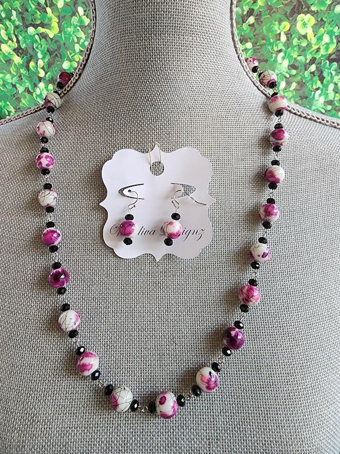 Purple & White Beaded Necklace Set – Handmade Statement Jewelry – One of a Kind Necklace and Earrings