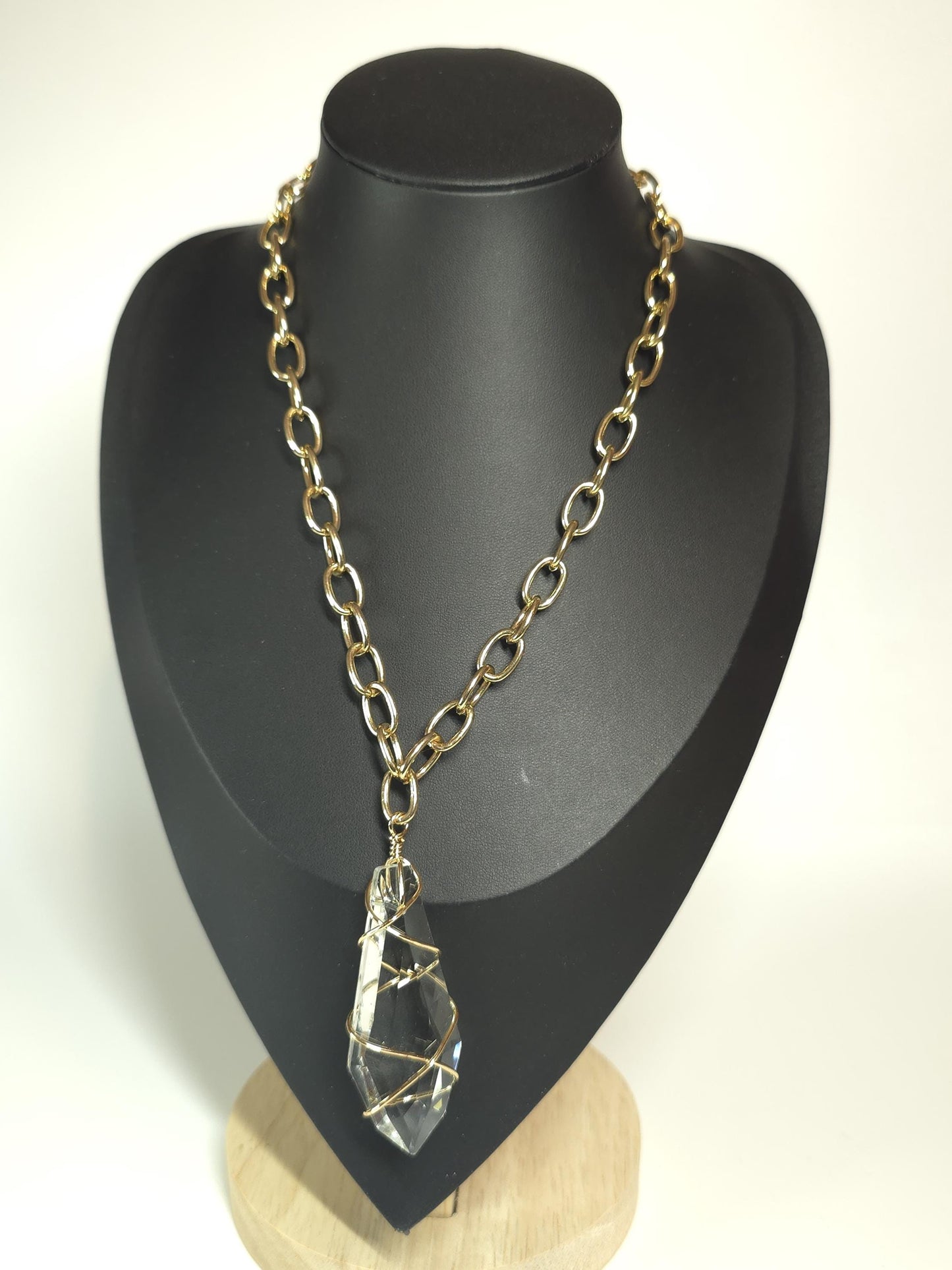 Faux Quartz Crystal Necklace, Gold Chain, Transparent Stone Pendant
