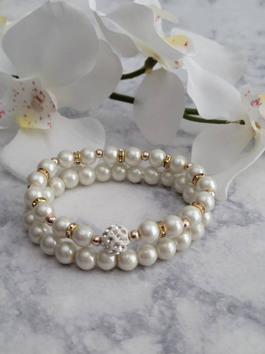 Handmade White Pearl Double Strand Bracelet | Rhinestone Spacers