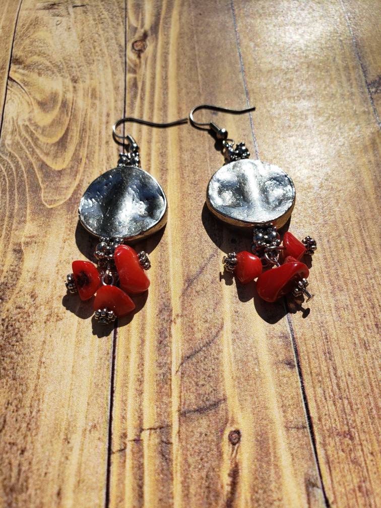 Silver Disc Earrings with Red Chip Beads | Handmade Statement Jewelry | Bold Dangle Earrings