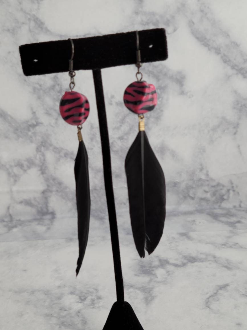 Pink Zebra Bead and Black Feather Earrings | Handmade Feather Dangles | Bold Statement Jewelry