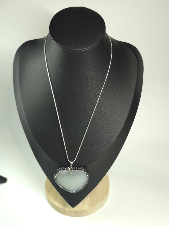 Opal Heart Pendant Necklace, Silver Chain, Crystal Accents
