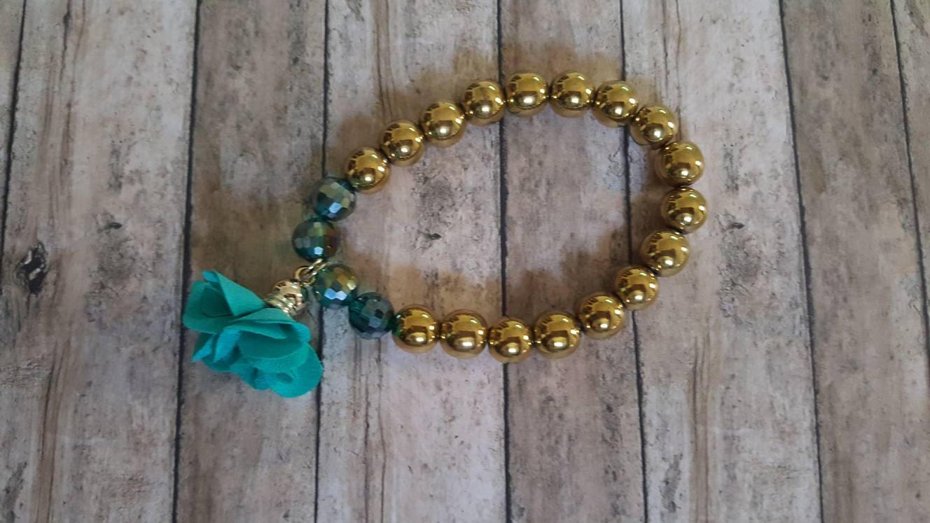 Gold Beaded Bracelet with Teal Flower | Statement Stretch Bracelet