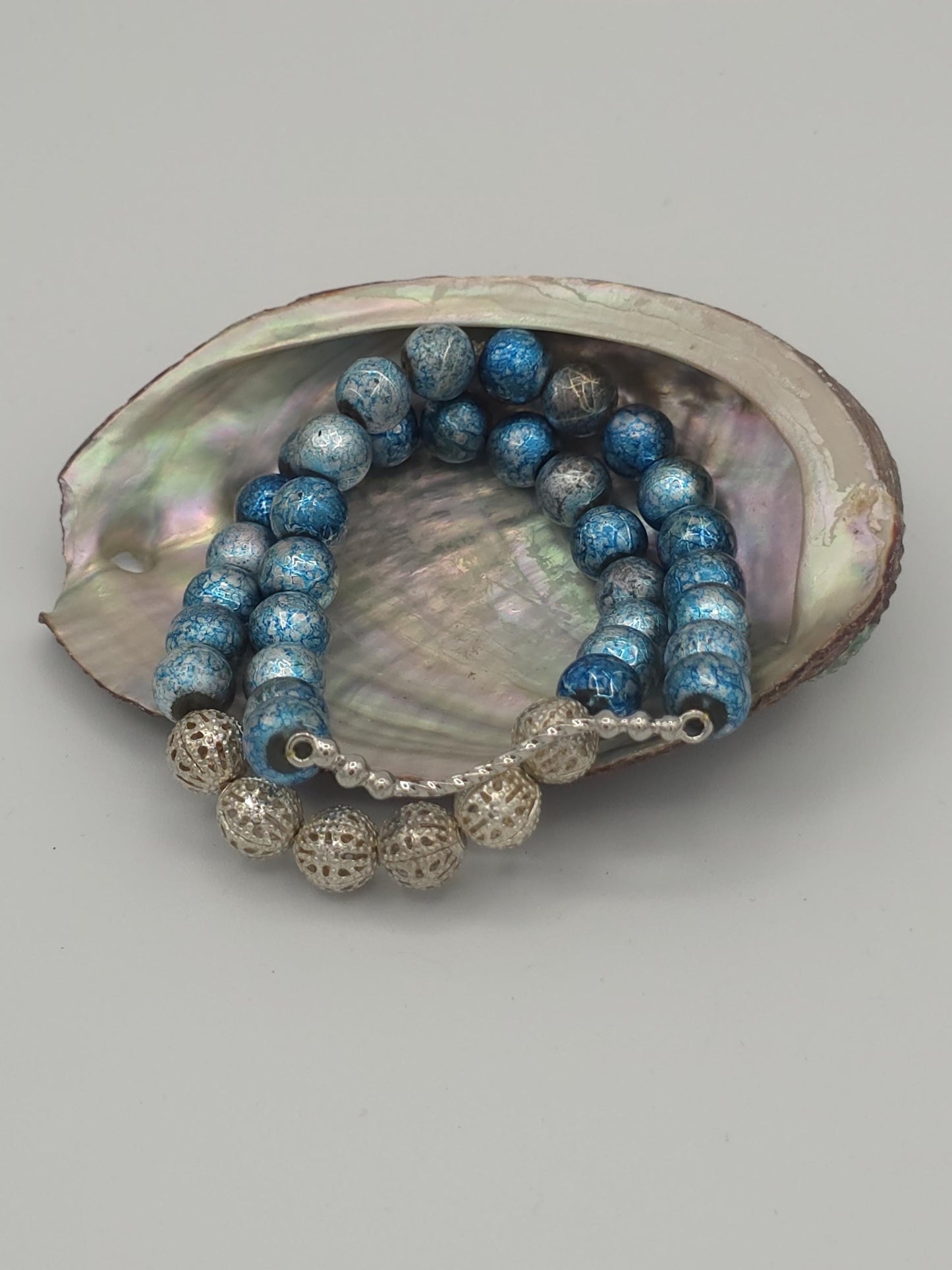 Blue Marble Beaded Bracelet with Silver Filigree | Handmade Stretch Bracelet