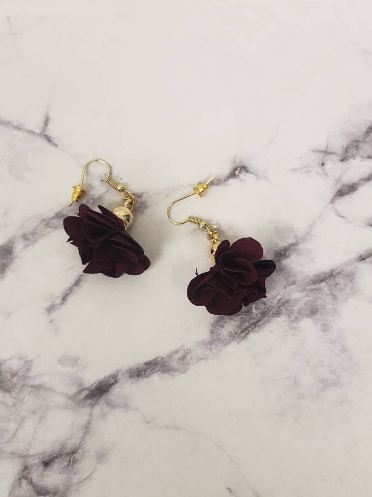 Fabric Flower Earrings | Purple Burgundy Turquoise Floral Earrings | Handmade Lightweight Dangle Jewelry