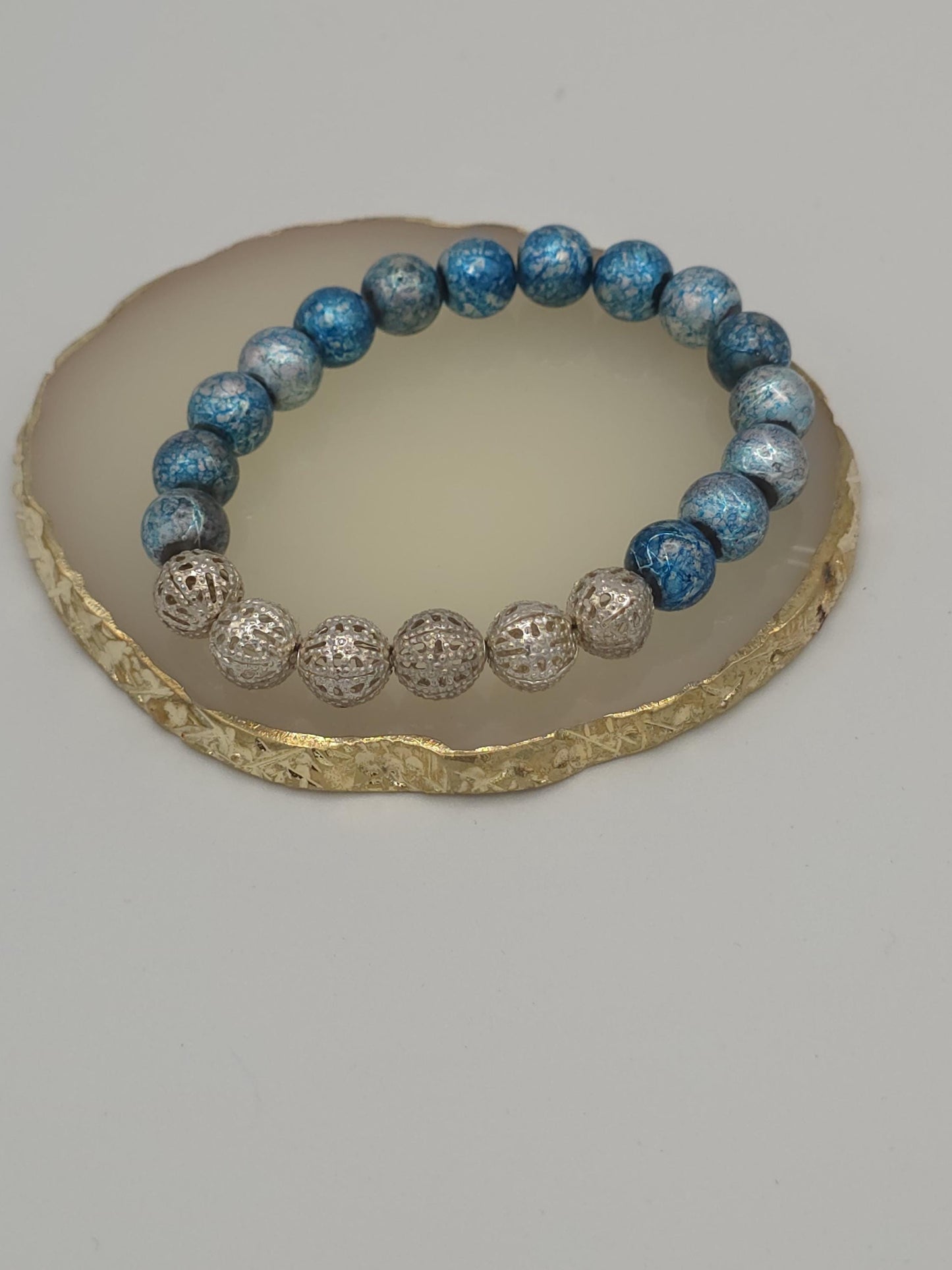 Blue Marble Beaded Bracelet with Silver Filigree | Handmade Stretch Bracelet