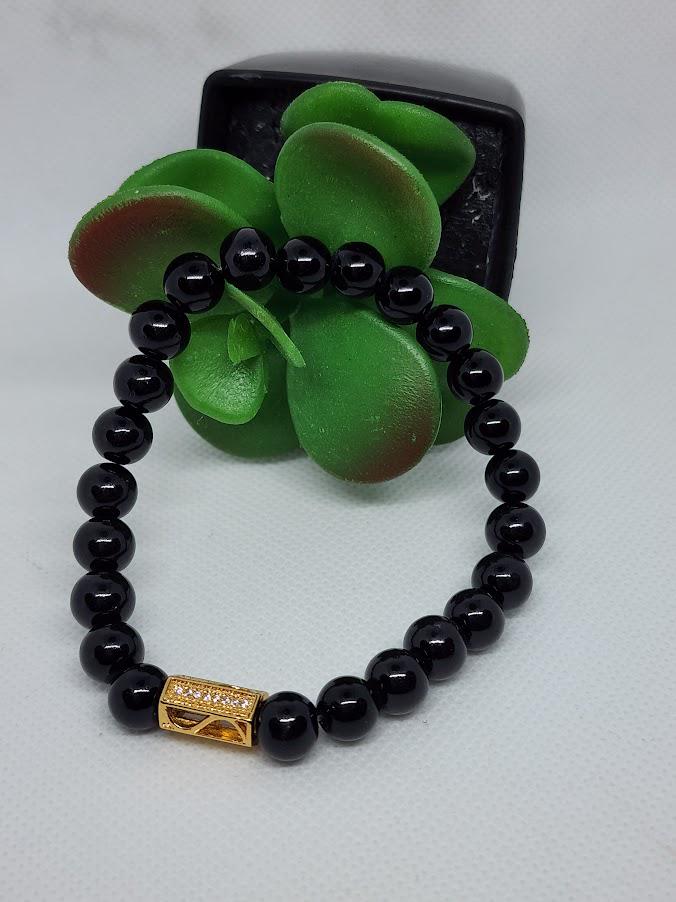 Black Beaded Stretch Bracelet | Gold Rhinestone Accent
