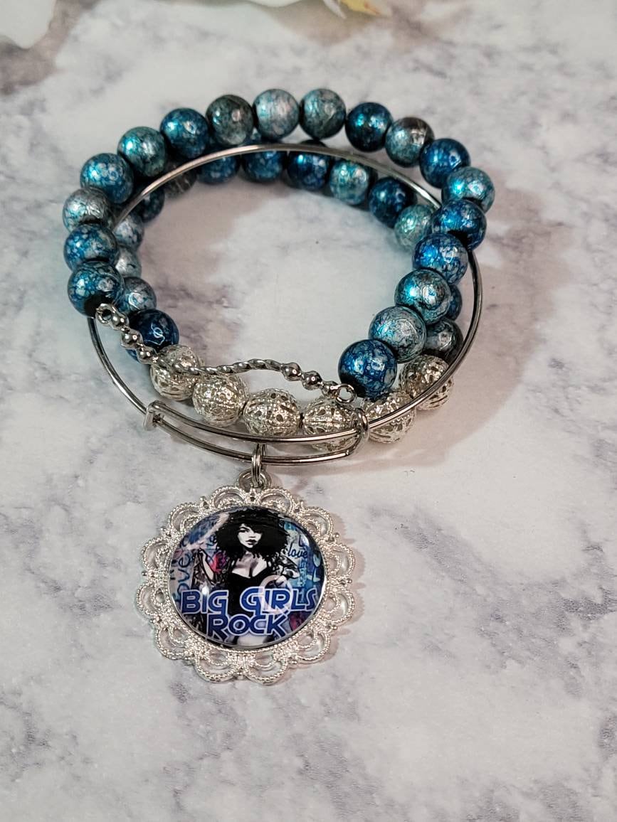 Bangle charm Bracelet/Blue Fluffy Girls Rock charm bracelet/Blue Bracelet Stack
