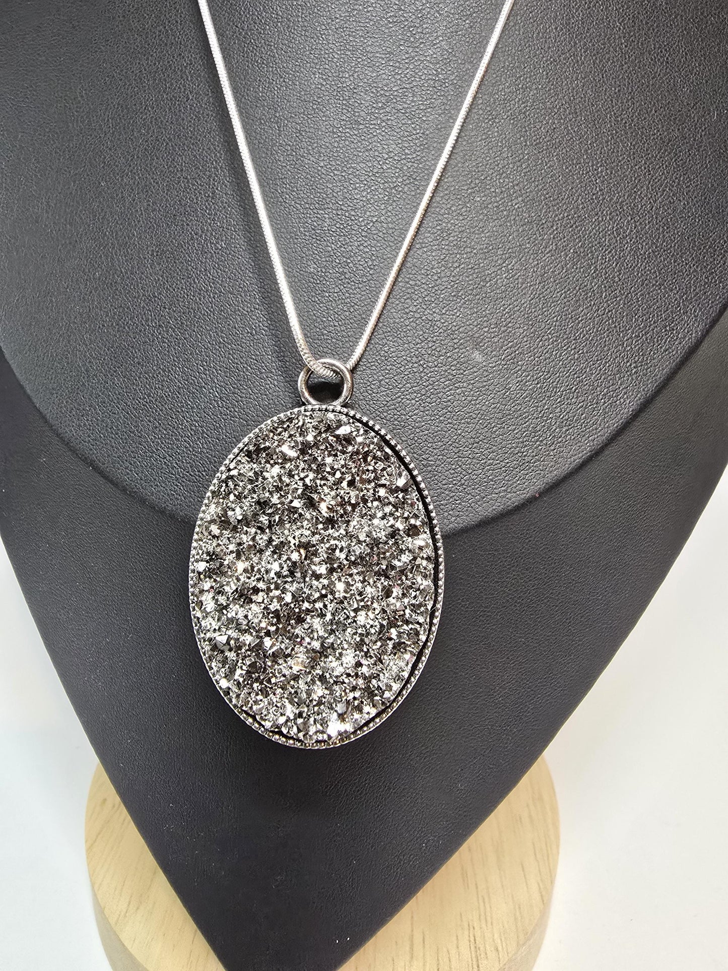Silver Druzy Pendant Necklace, Oval Glitter Stone, Modern Glam