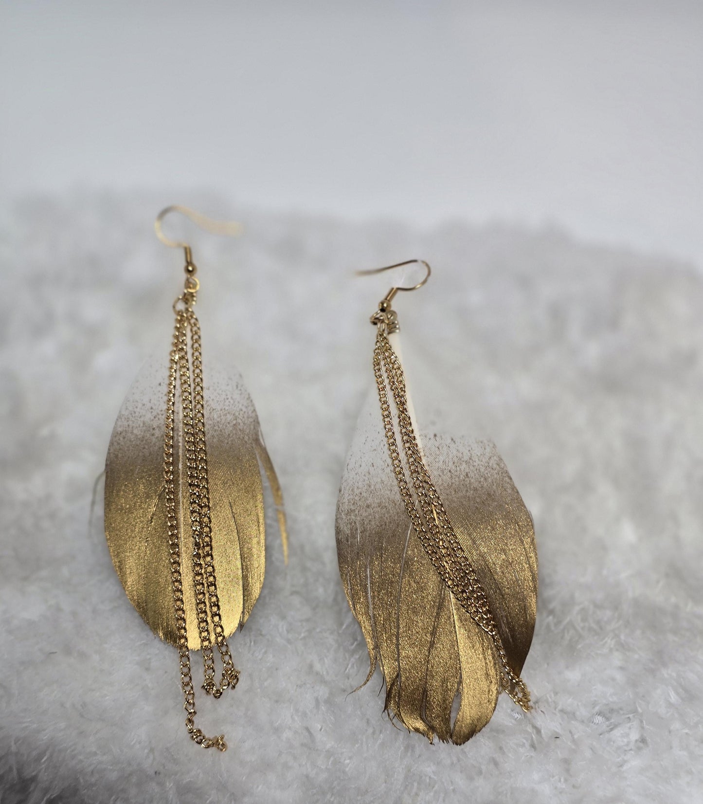 Gold Feather Chain Earrings, Boho Glam Drop Earrings, Lightweight Statement Jewelry