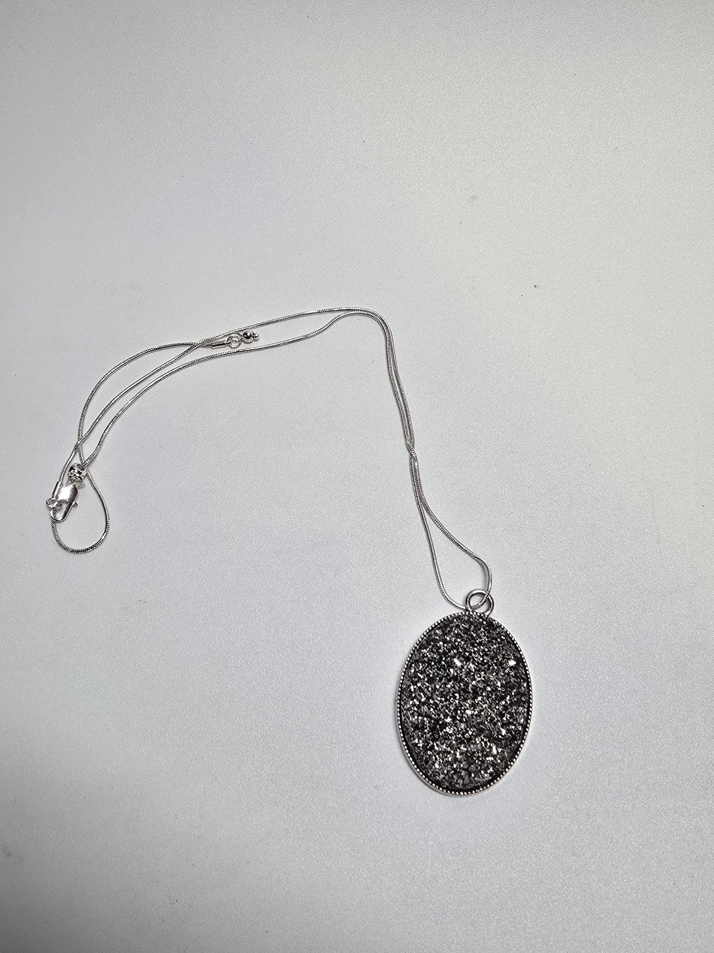 Silver Druzy Pendant Necklace, Oval Glitter Stone, Modern Glam