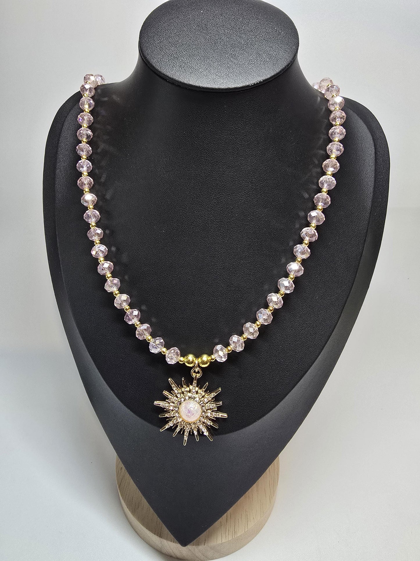 Pink Crystal Beaded Necklace, Gold Sunburst Pendant