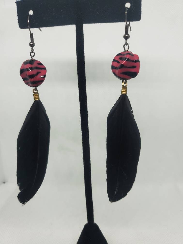 Pink Zebra Bead and Black Feather Earrings | Handmade Feather Dangles | Bold Statement Jewelry