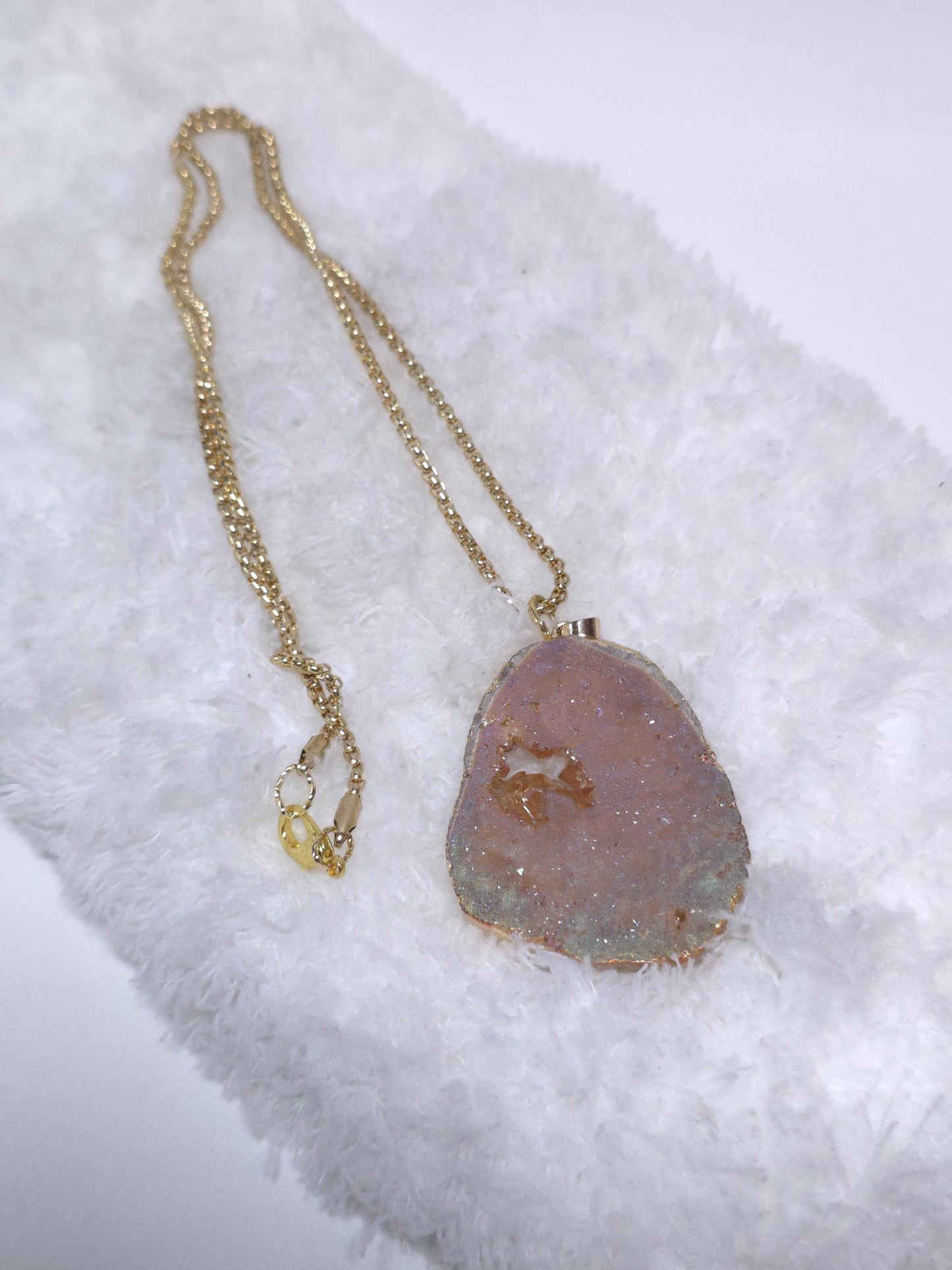 Peach Druzy Pendant Necklace, Iridescent Crystal, Gold Chain