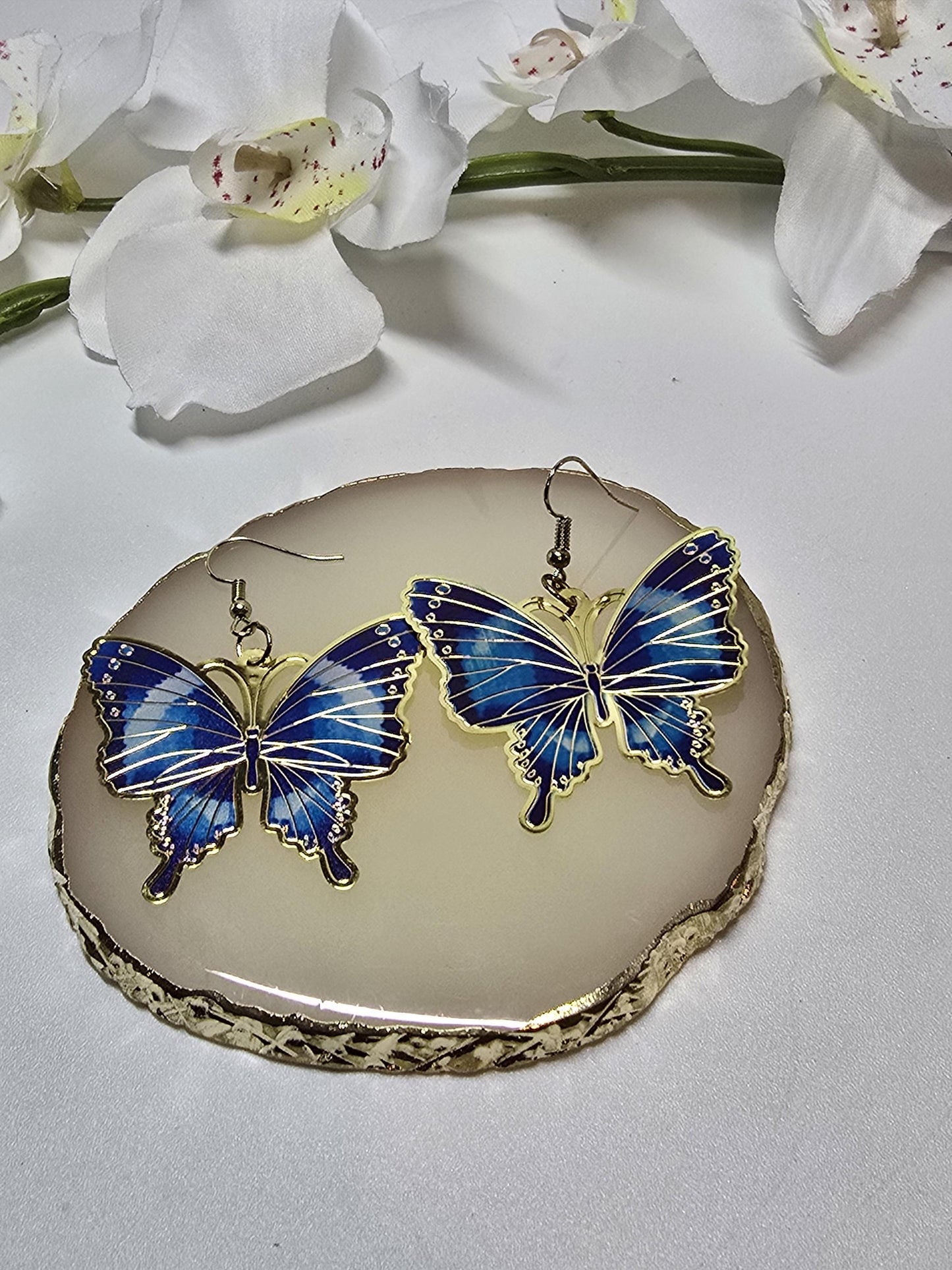 Blue Butterfly Earrings, Bold Enamel Statement Earrings, Colorful Gold Trim Jewelry