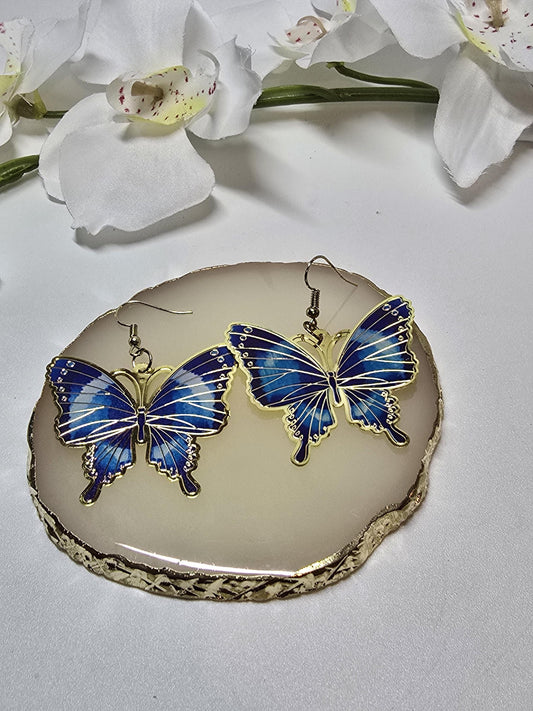 Blue Butterfly Earrings, Bold Enamel Statement Earrings, Colorful Gold Trim Jewelry