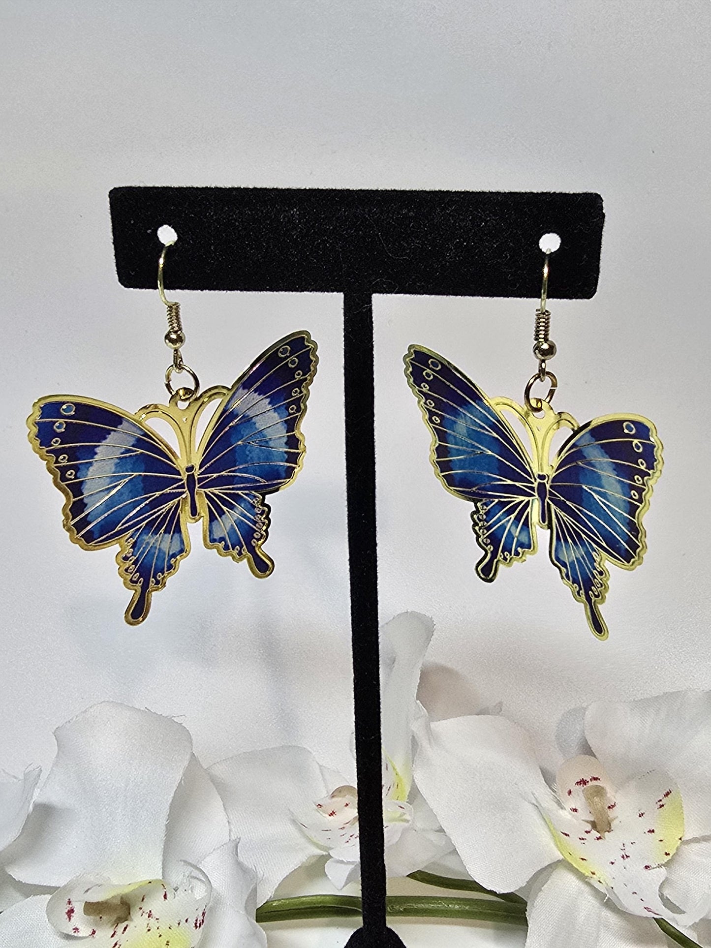 Blue Butterfly Earrings, Bold Enamel Statement Earrings, Colorful Gold Trim Jewelry