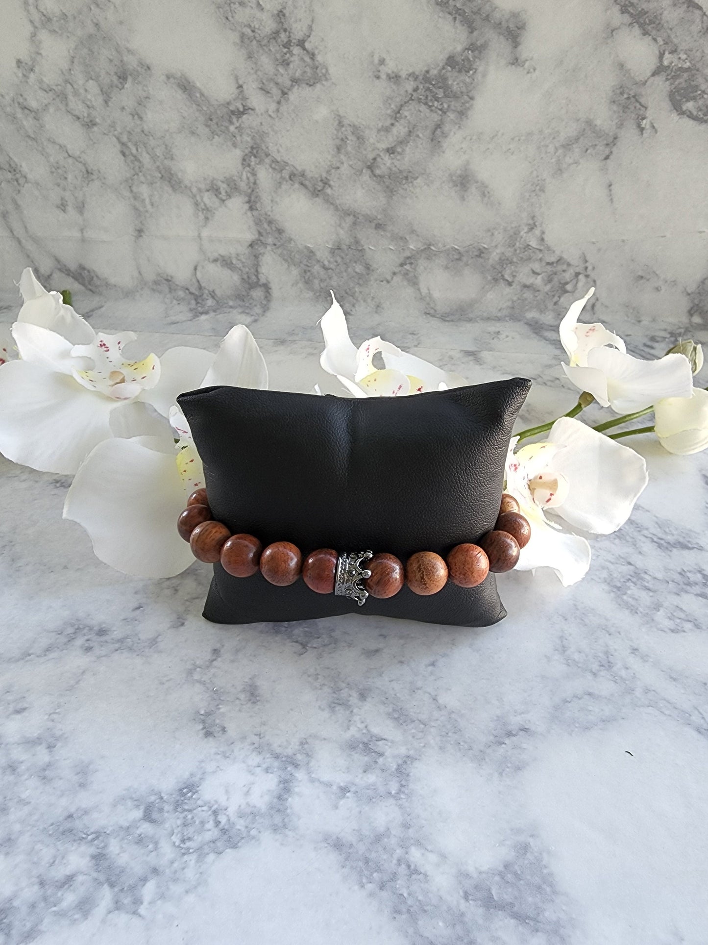 Matte Brown Beaded Bracelet | Crown Charm Stretch Bracelet | Minimal Men or Women Jewelry