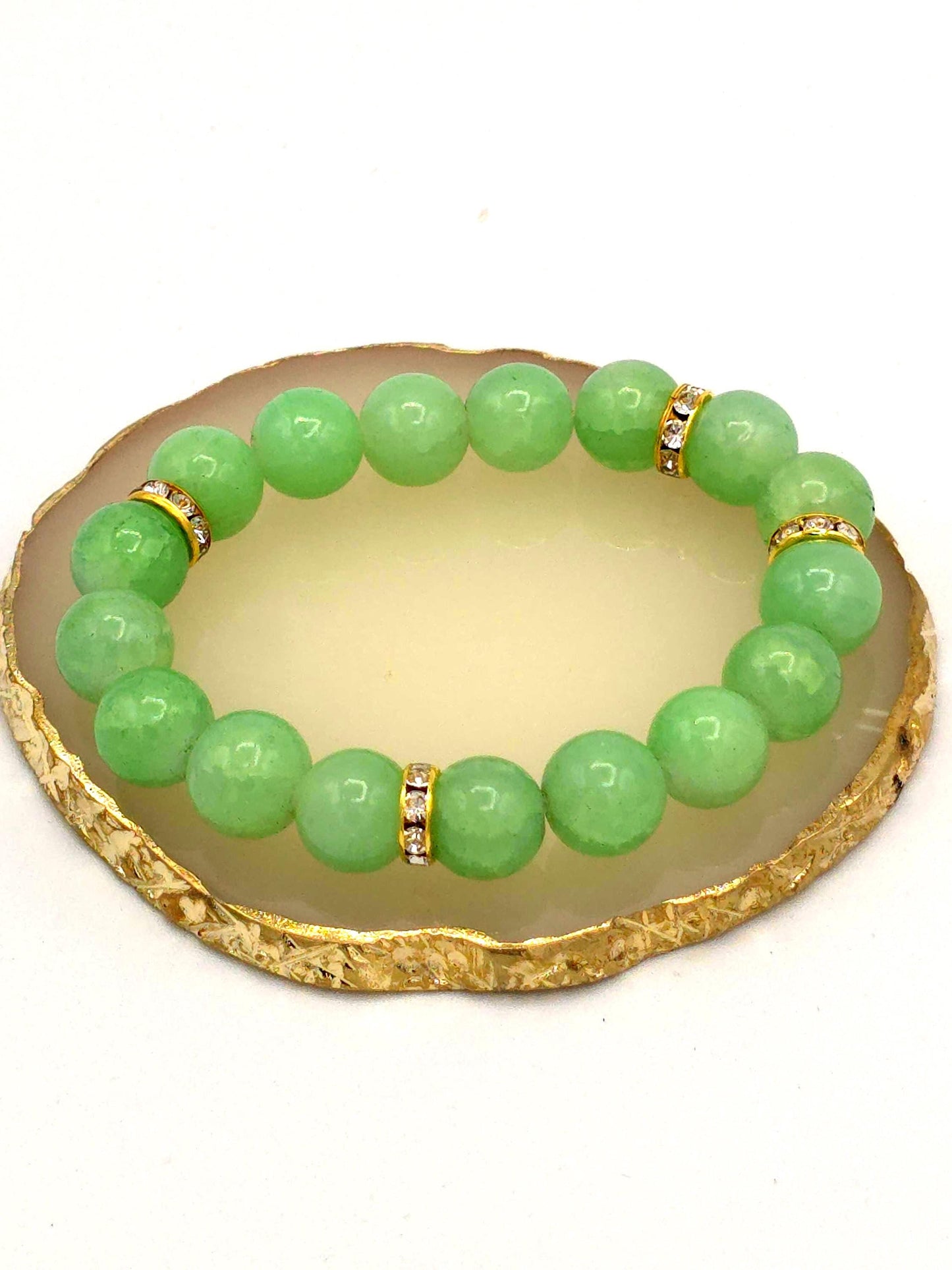 Green Beaded Stretch Bracelet | Jade Inspired Rhinestone Spacer Bracelet | Minimal Luxe Jewelry