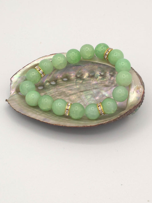 Green Beaded Stretch Bracelet | Jade Inspired Rhinestone Spacer Bracelet | Minimal Luxe Jewelry