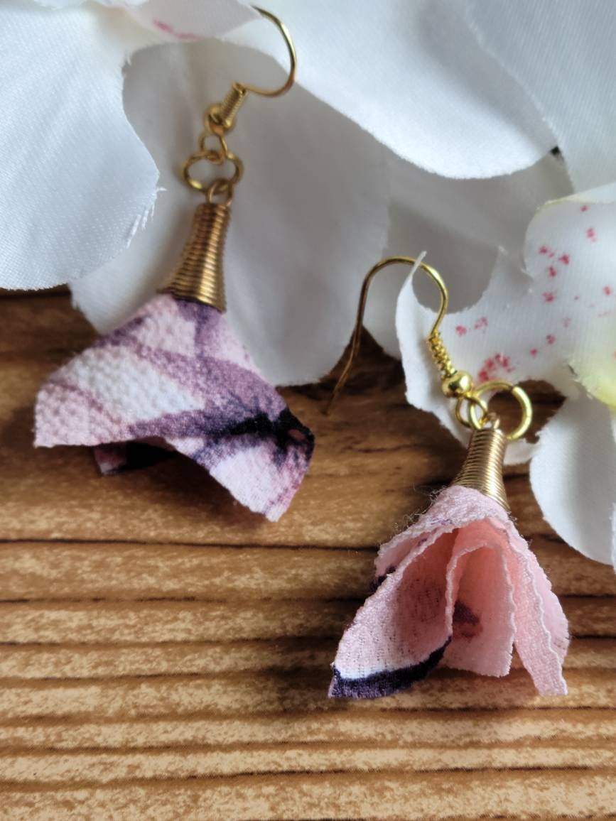 Handmade Fabric Petal Earrings – Lightweight Boho Dangle, Gift for Her