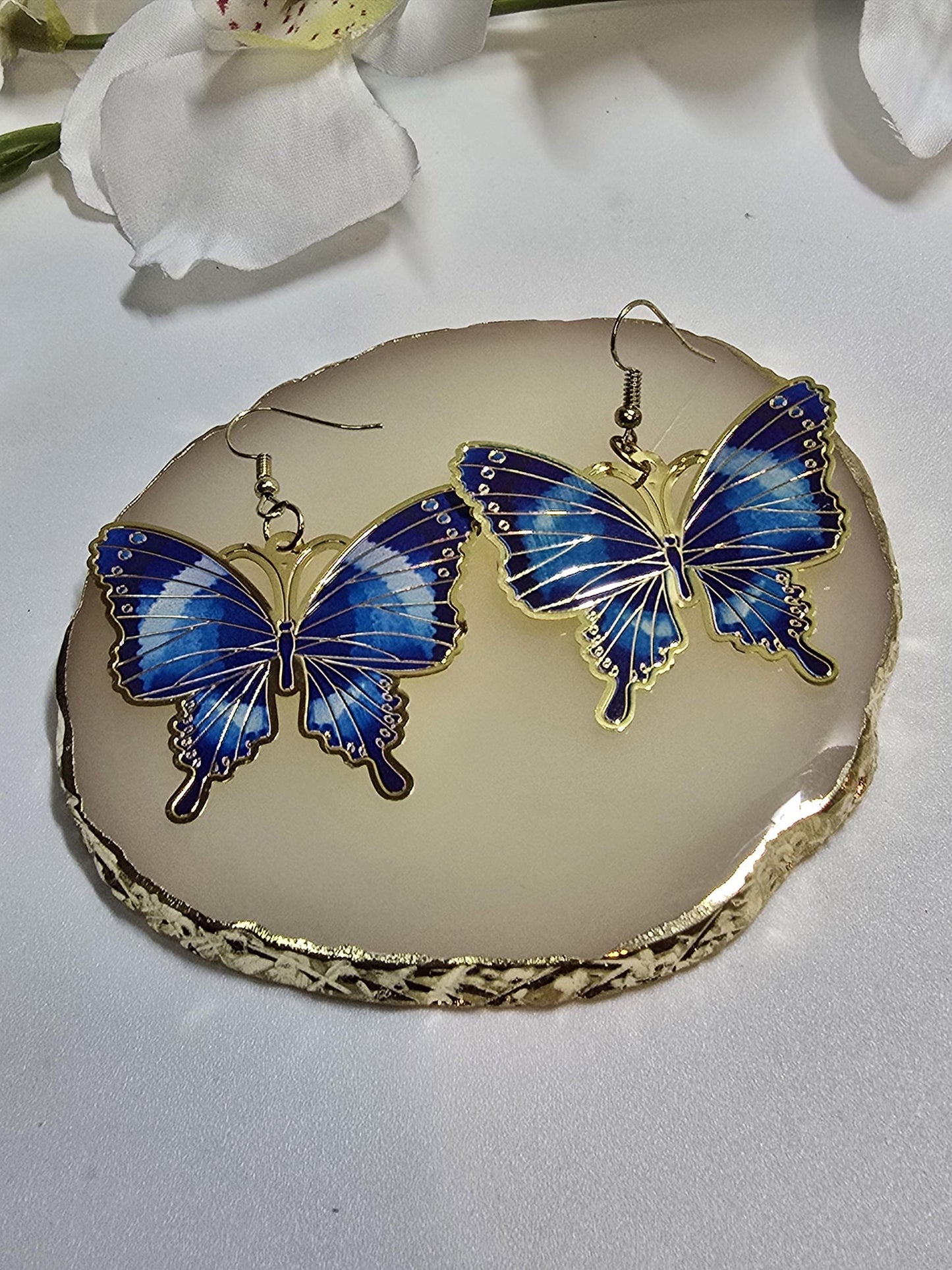 Blue Butterfly Earrings, Bold Enamel Statement Earrings, Colorful Gold Trim Jewelry