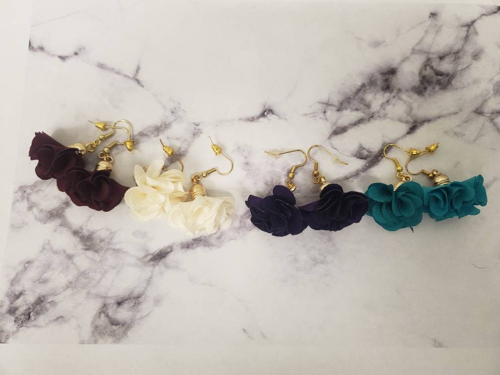 Fabric Flower Earrings | Purple Burgundy Turquoise Floral Earrings | Handmade Lightweight Dangle Jewelry