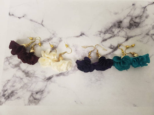 Fabric Flower Earrings | Purple Burgundy Turquoise Floral Earrings | Handmade Lightweight Dangle Jewelry