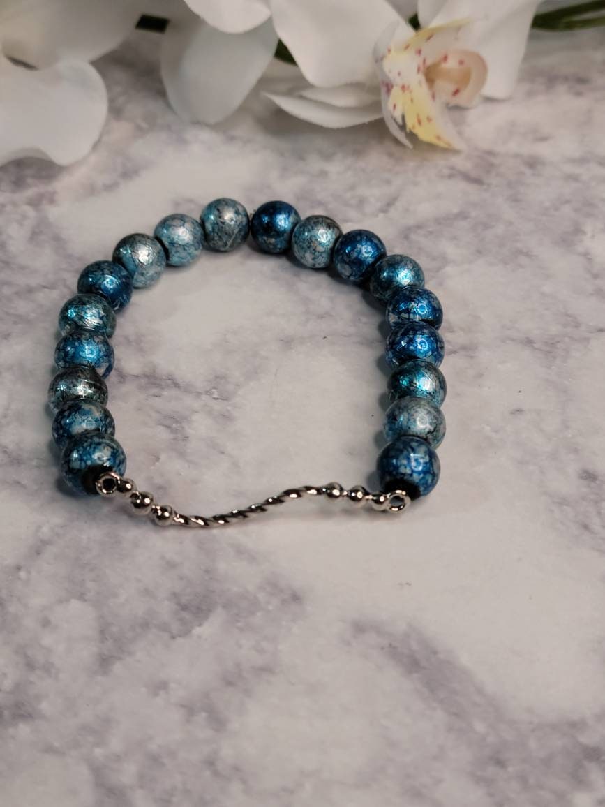 Blue Marble Beaded Bracelet with Silver Filigree | Handmade Stretch Bracelet