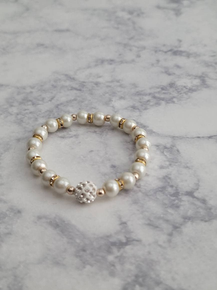 Handmade White Pearl Double Strand Bracelet | Rhinestone Spacers
