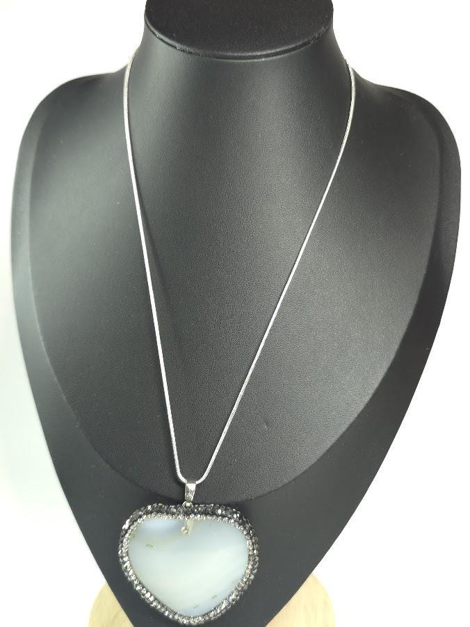 Opal Heart Pendant Necklace, Silver Chain, Crystal Accents