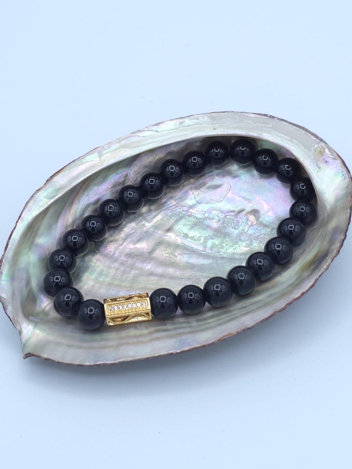 Black Beaded Stretch Bracelet | Gold Rhinestone Accent