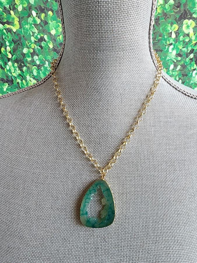 Green Resin Geode Pendant Necklace | Gold-Tone Chain, Statement Jewelry