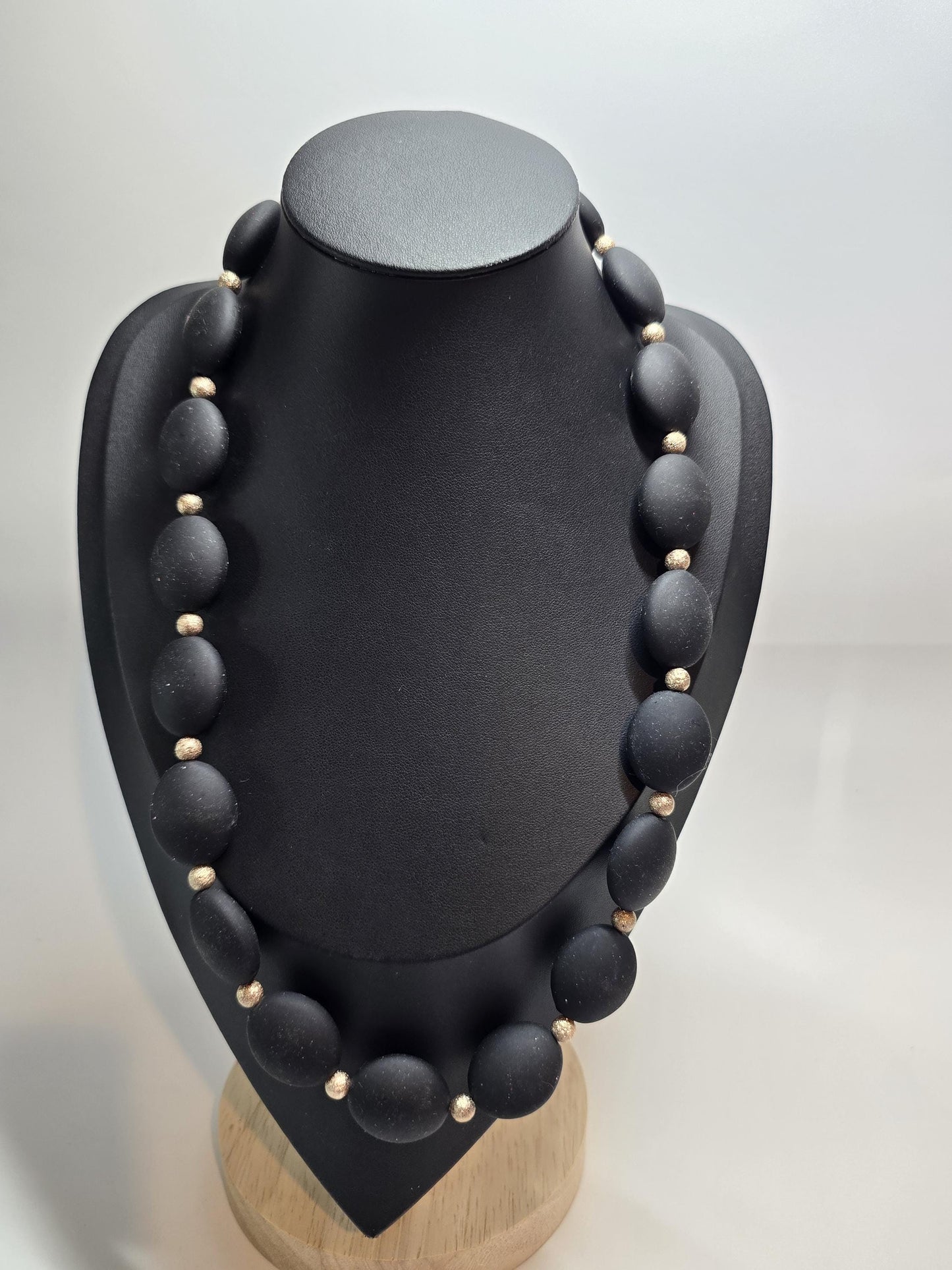 Matte Black Beaded Jewelry Set, Gold Accent, Statement Necklace, Bracelet & Earrings