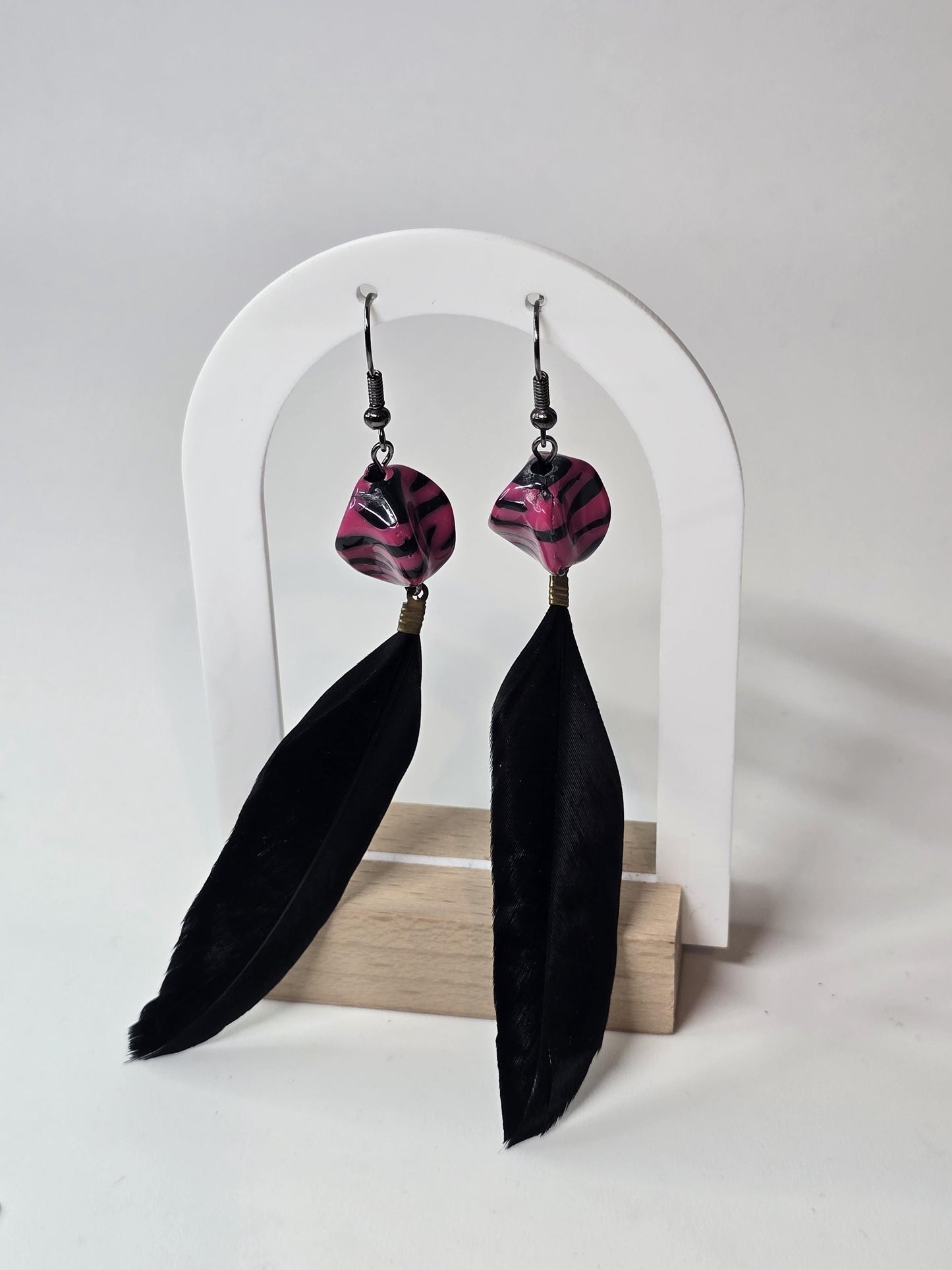 Pink Zebra Bead and Black Feather Earrings | Handmade Feather Dangles | Bold Statement Jewelry