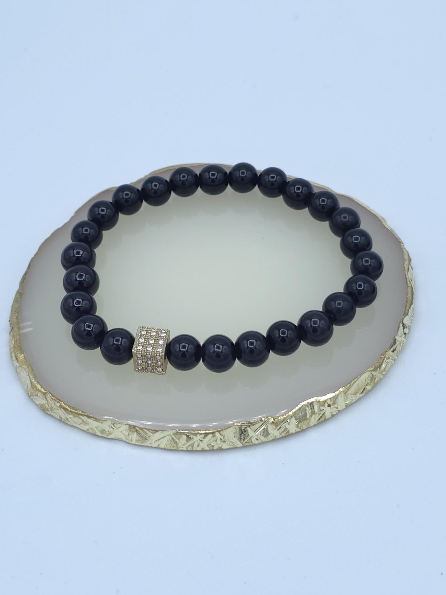 Black Beaded Stretch Bracelet | Gold Rhinestone Accent