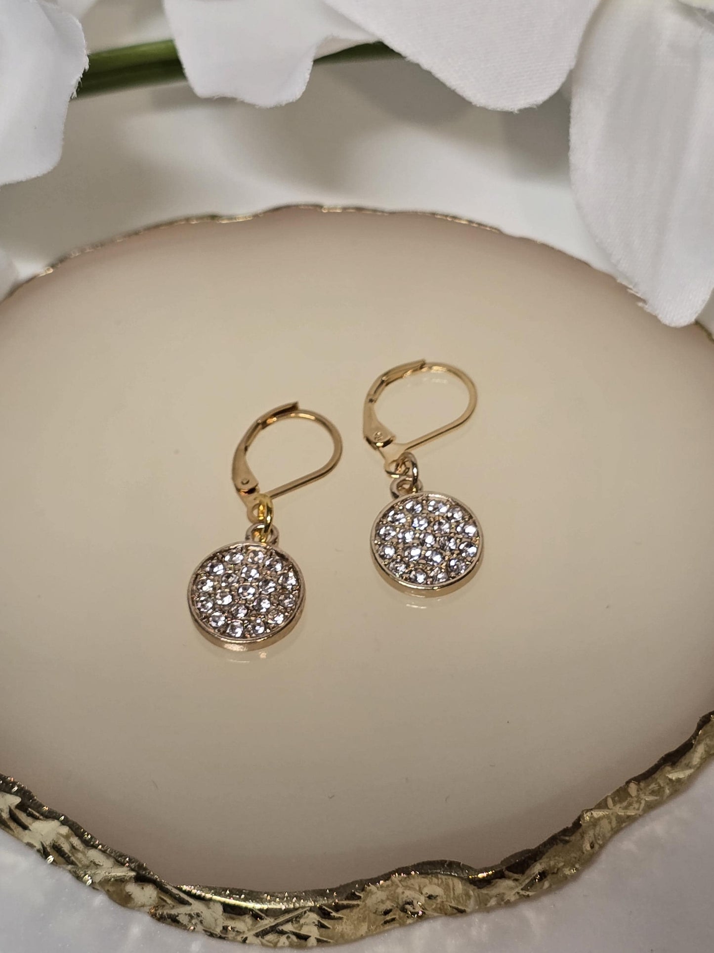Gold Crystal Disc Earrings, Sparkly Leverback Earrings, Elegant Minimalist Jewelry for Women
