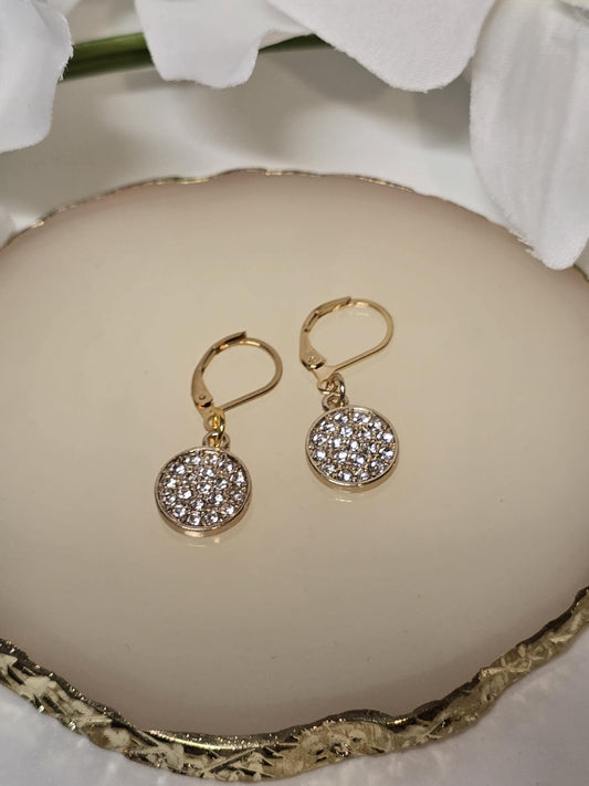 Gold Crystal Disc Earrings, Sparkly Leverback Earrings, Elegant Minimalist Jewelry for Women