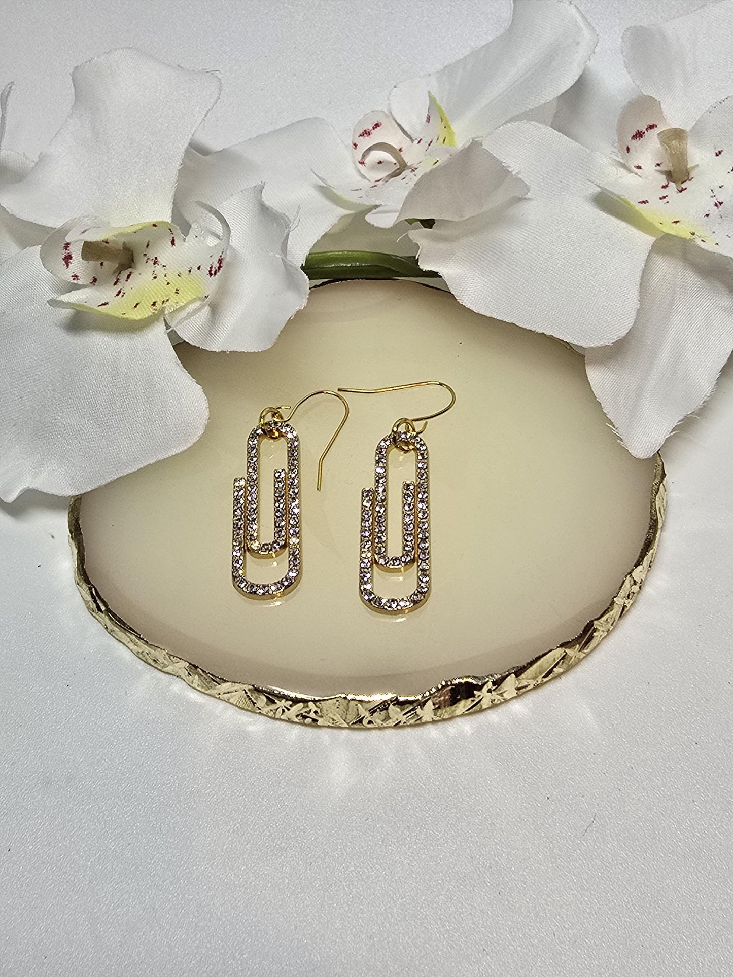 Gold Paperclip Rhinestone Earrings, Modern Sparkle Drop Earrings, Minimalist Glam Jewelry