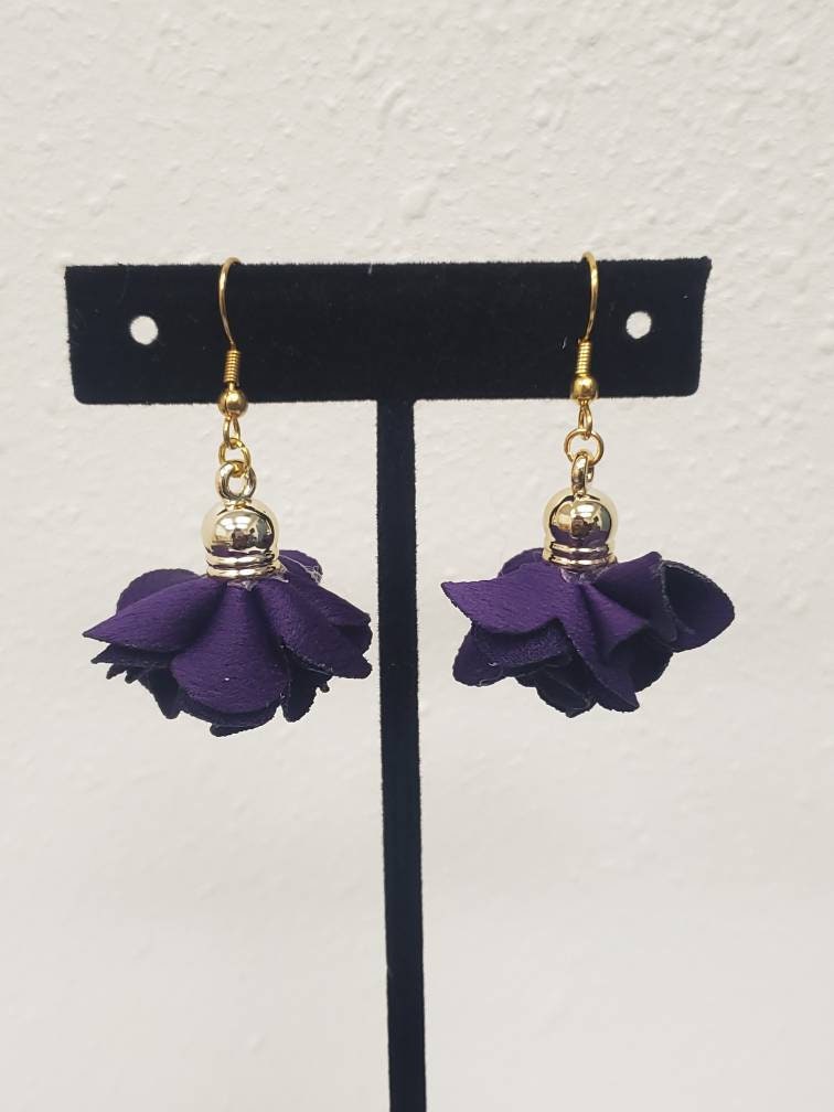 Fabric Flower Earrings | Purple Burgundy Turquoise Floral Earrings | Handmade Lightweight Dangle Jewelry