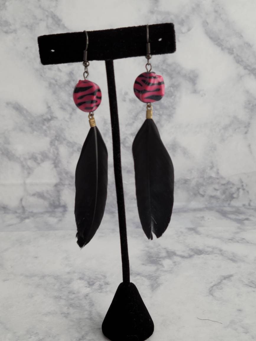 Pink Zebra Bead and Black Feather Earrings | Handmade Feather Dangles | Bold Statement Jewelry