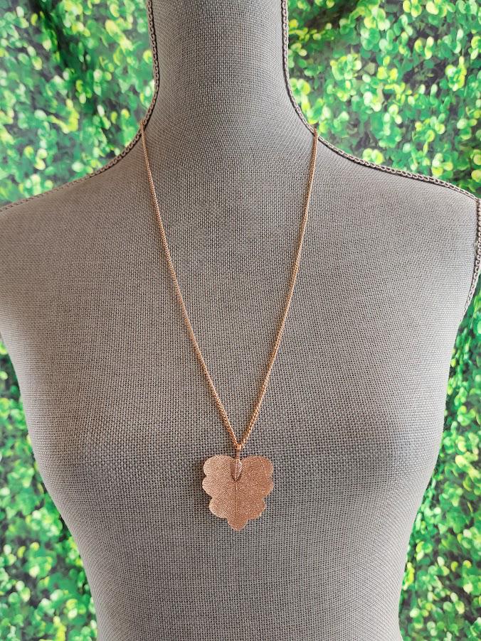Rose Gold Leaf Pendant Necklace | 24 Inch Chain, Nature Inspired