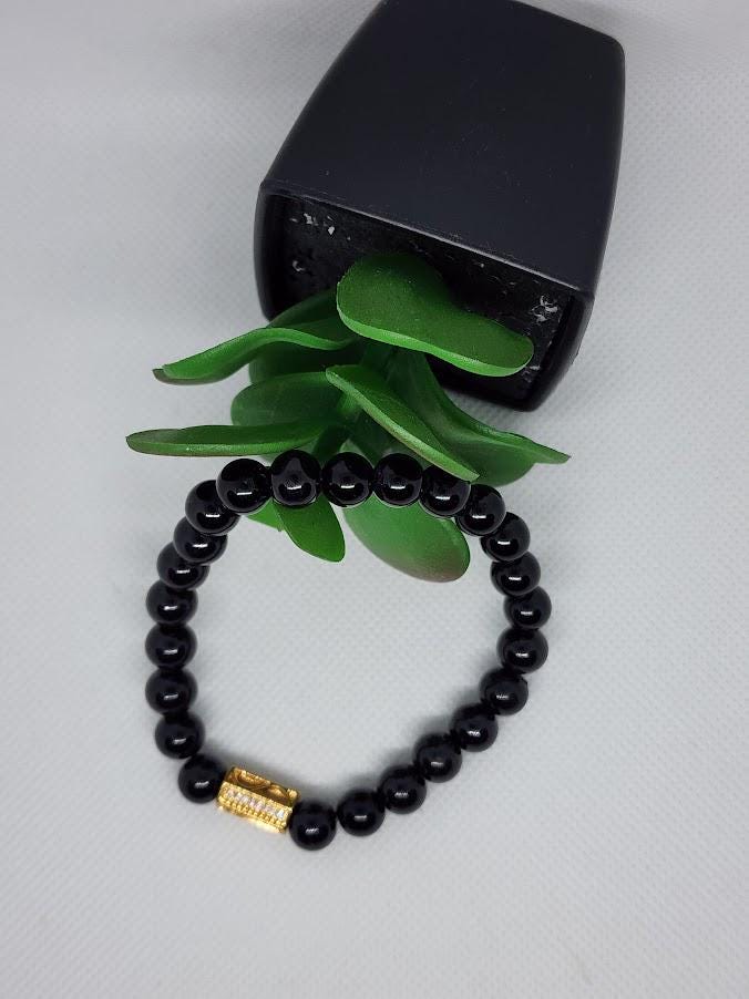 Black Beaded Stretch Bracelet | Gold Rhinestone Accent
