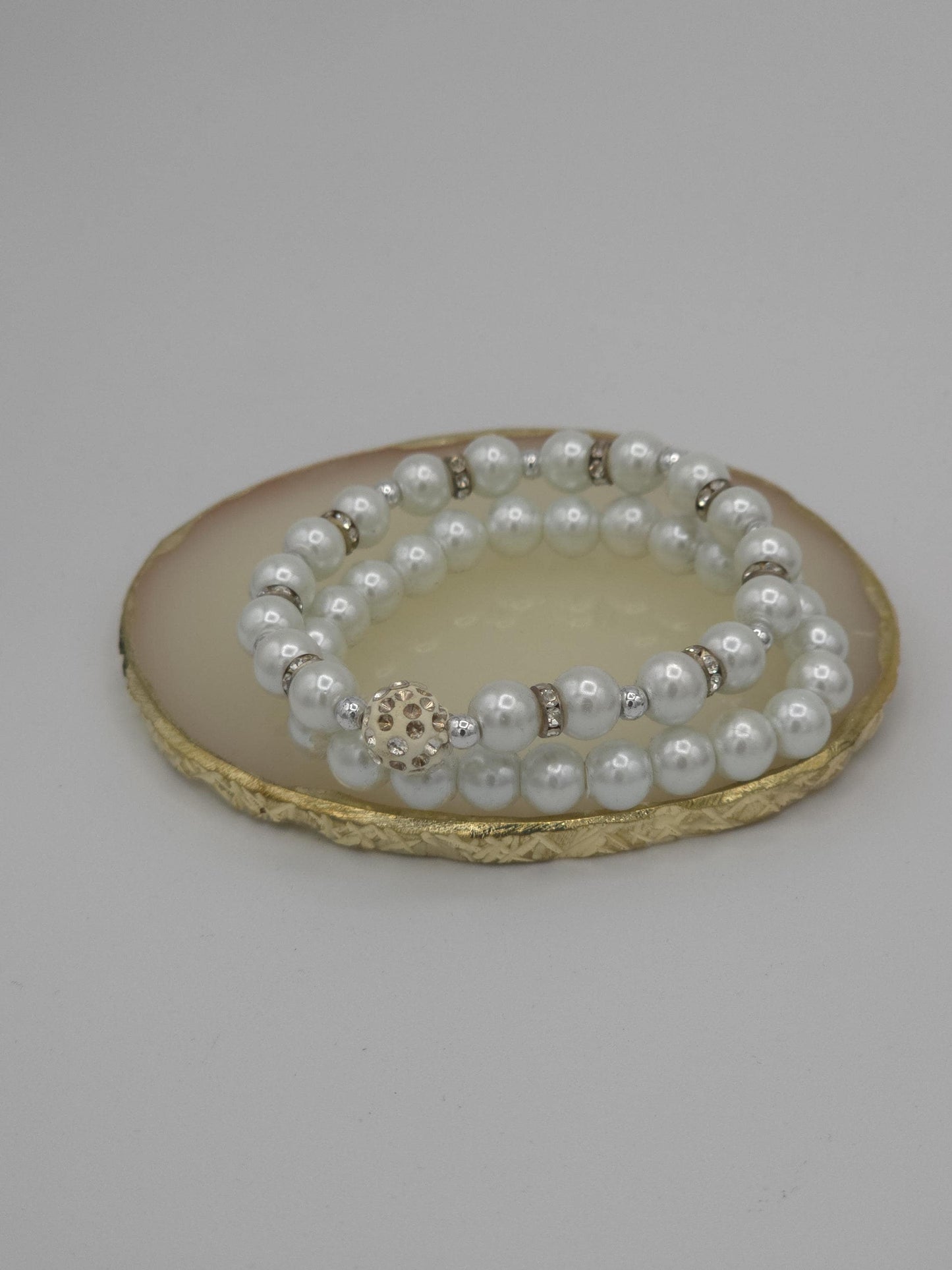 White Pearl Bracelet Stack | Rhinestone Accent Stretch Bracelets | Elegant Beaded Jewelry Set