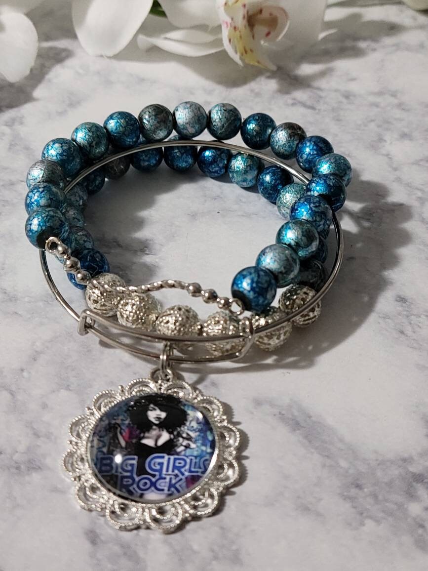 Bangle charm Bracelet/Blue Fluffy Girls Rock charm bracelet/Blue Bracelet Stack
