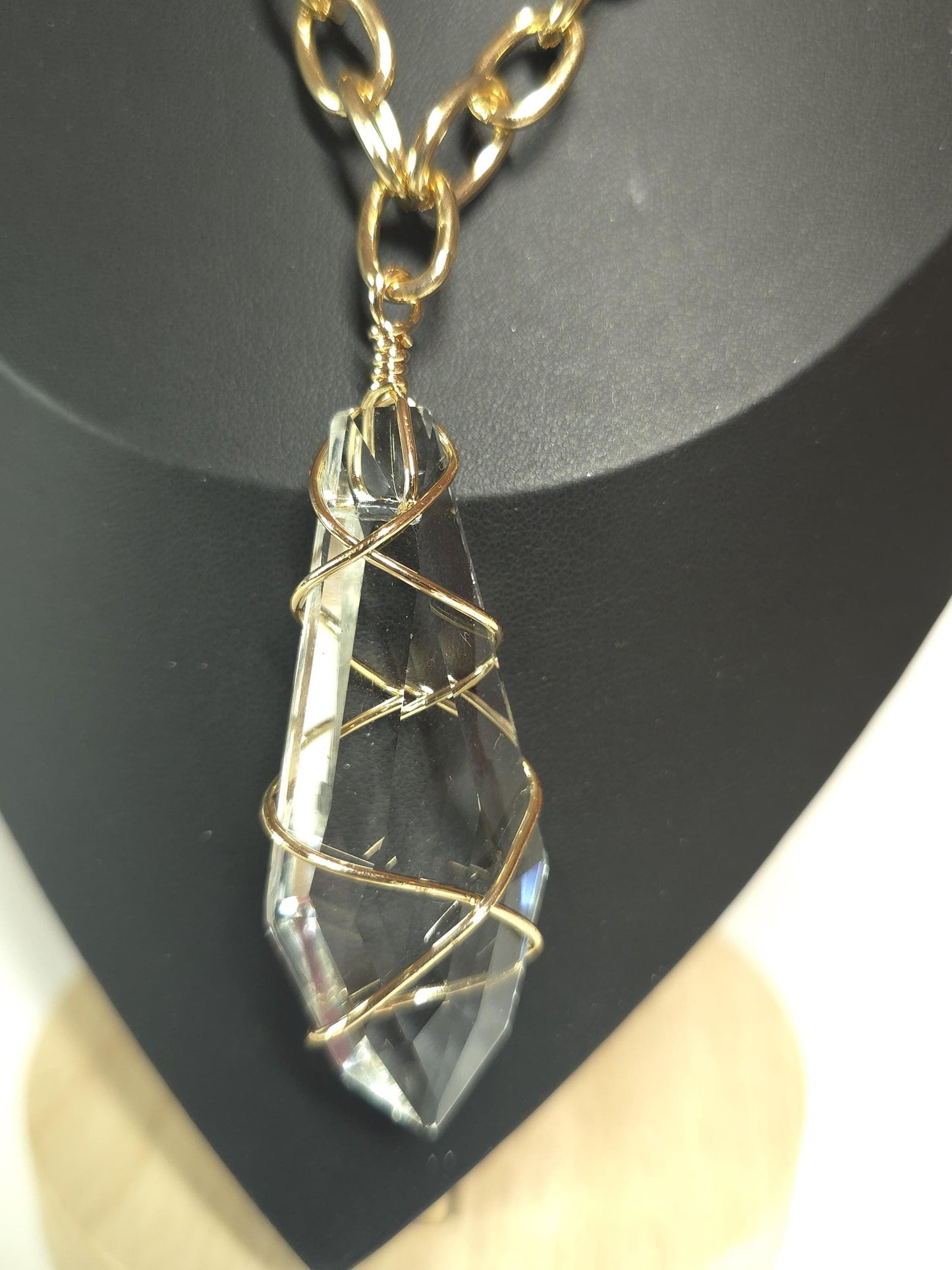 Faux Quartz Crystal Necklace, Gold Chain, Transparent Stone Pendant
